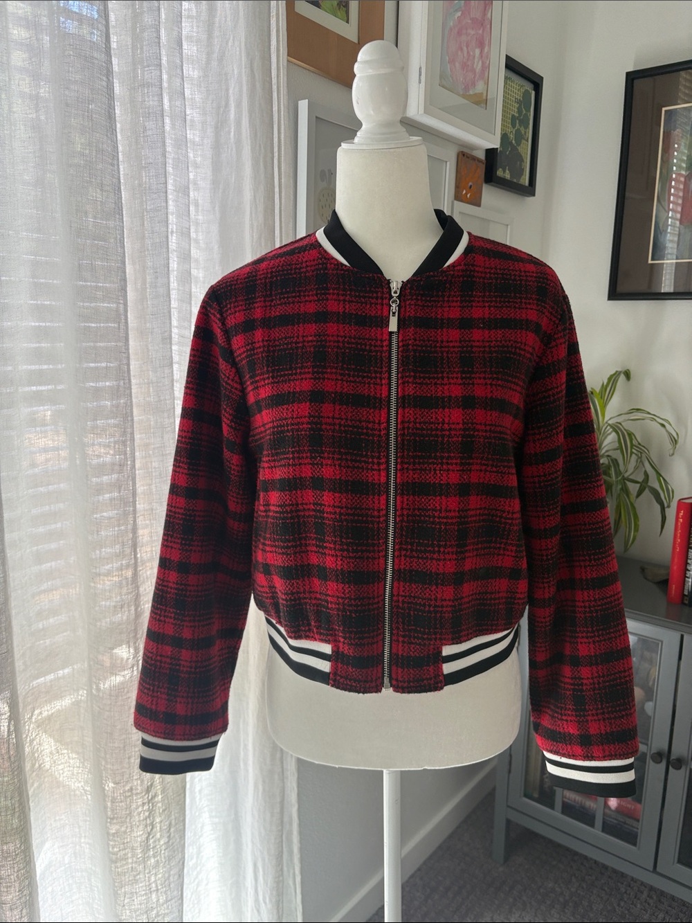 Anthropologie Red and Black Plaid Bomber Jacket
